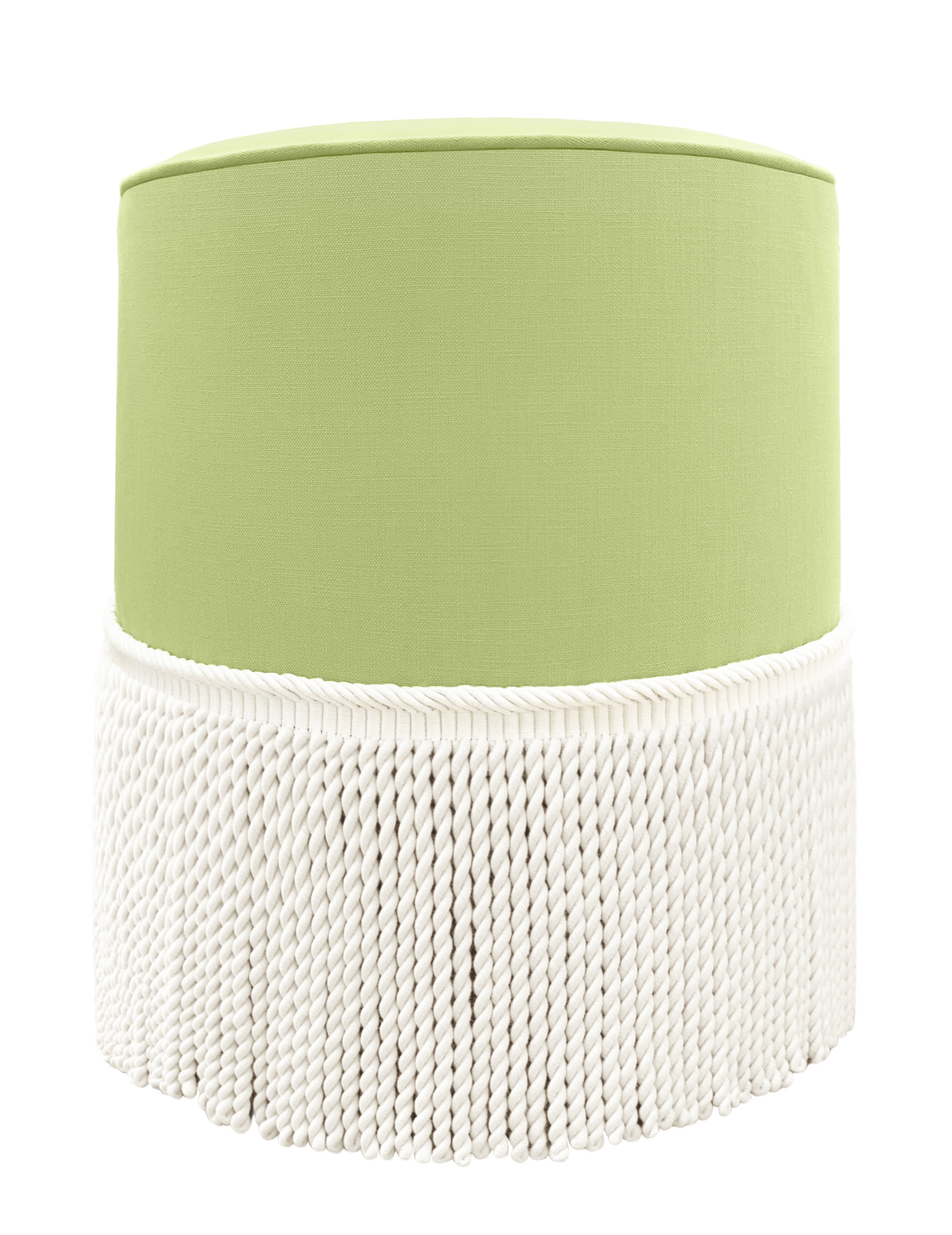 THE TIGHT ROUND OTTOMAN :: CLASSIC LINEN // CELADON + BULLION FRINGE - 17" Diameter X 19" Height / Celadon - Image 1