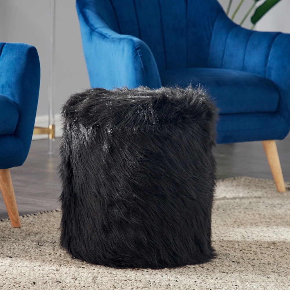 Carminna Black Faux Fur Round Accent Stool with Storage - Style # 81A56 - Image 0