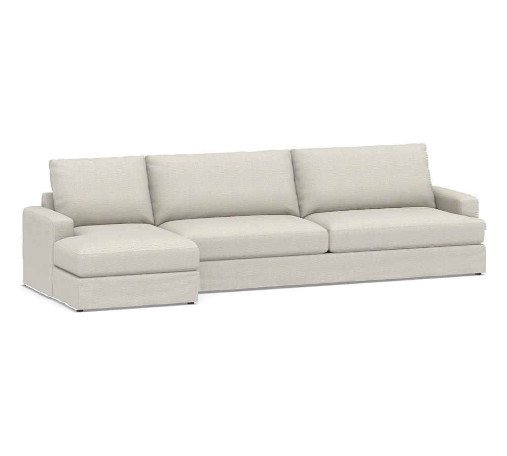 Canyon Square Arm Slipcovered Right Arm Sofa with Chaise Sectional, Down Blend Wrapped Cushions, Performance Heathered Basketweave Dove - Image 0