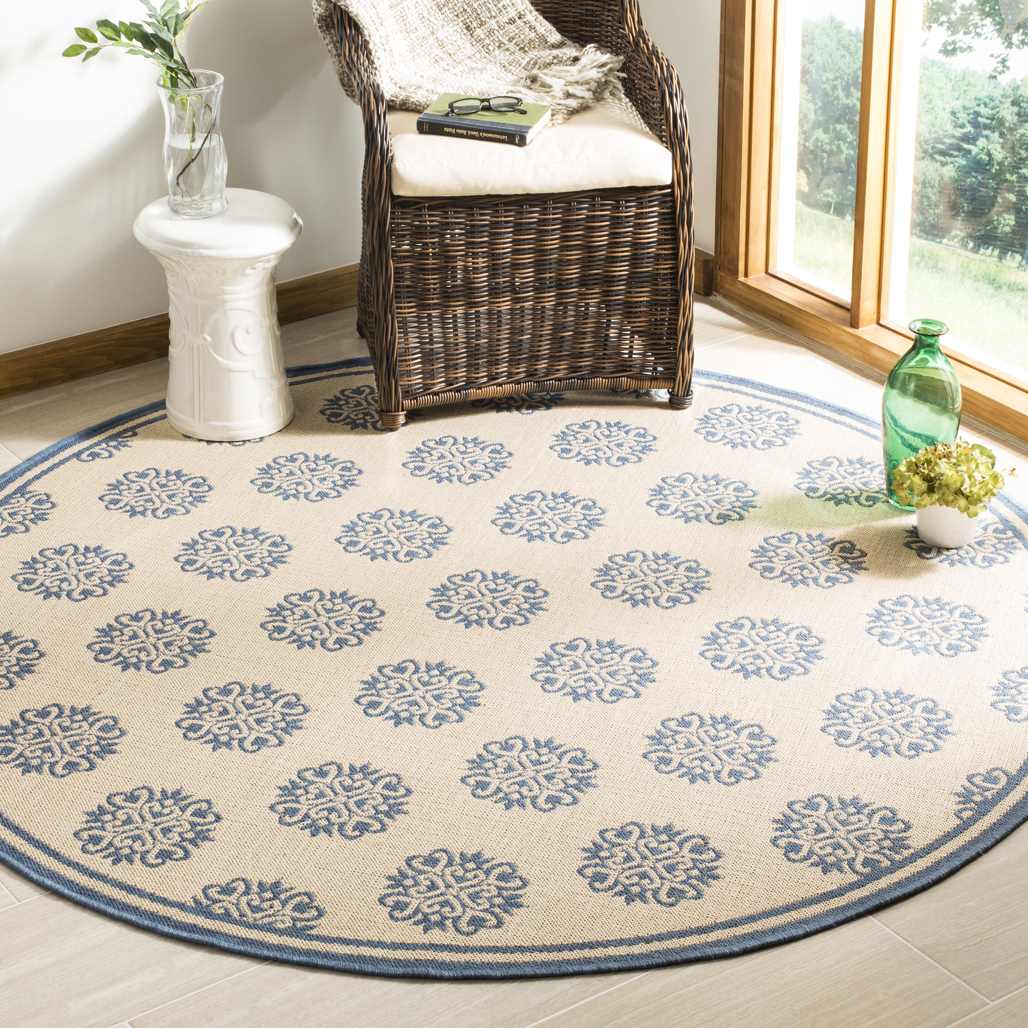 Arlo Home Indoor/Outdoor Woven Area Rug, LND181M, Blue/Cream,  6' 7" X 6' 7" Round - Image 1