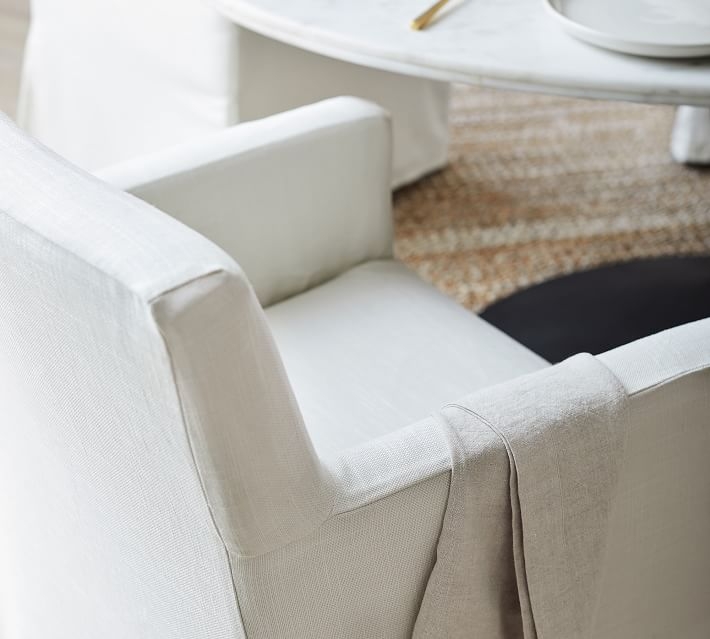 Classic Long Slipcovered Dining Armchair, Gray Wash Frame, Performance Twill Warm White - Image 1