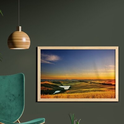 Ambesonne Italian Wall Art With Frame, Photo Of Mediterranean Rural In The Valley With A Small Lake Nature, Printed Fabric Poster For Bathroom Living Room Dorms, 35" X 23", Blue Yellow Green - Image 0