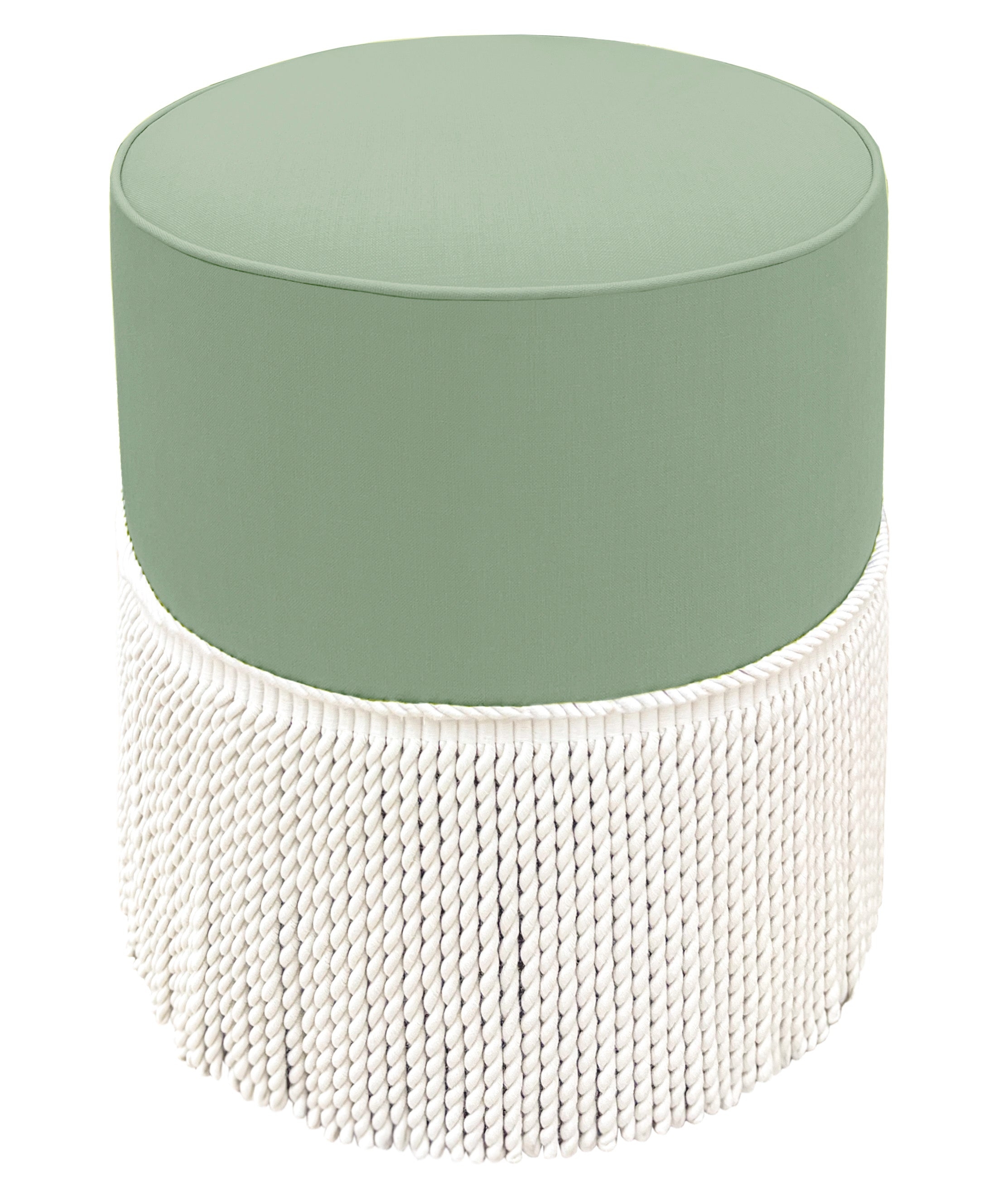 THE TIGHT ROUND OTTOMAN :: CLASSIC LINEN // EUCALYPTUS + BULLION FRINGE - 17" Diameter X 19" Height / Eucalyptus - Image 0