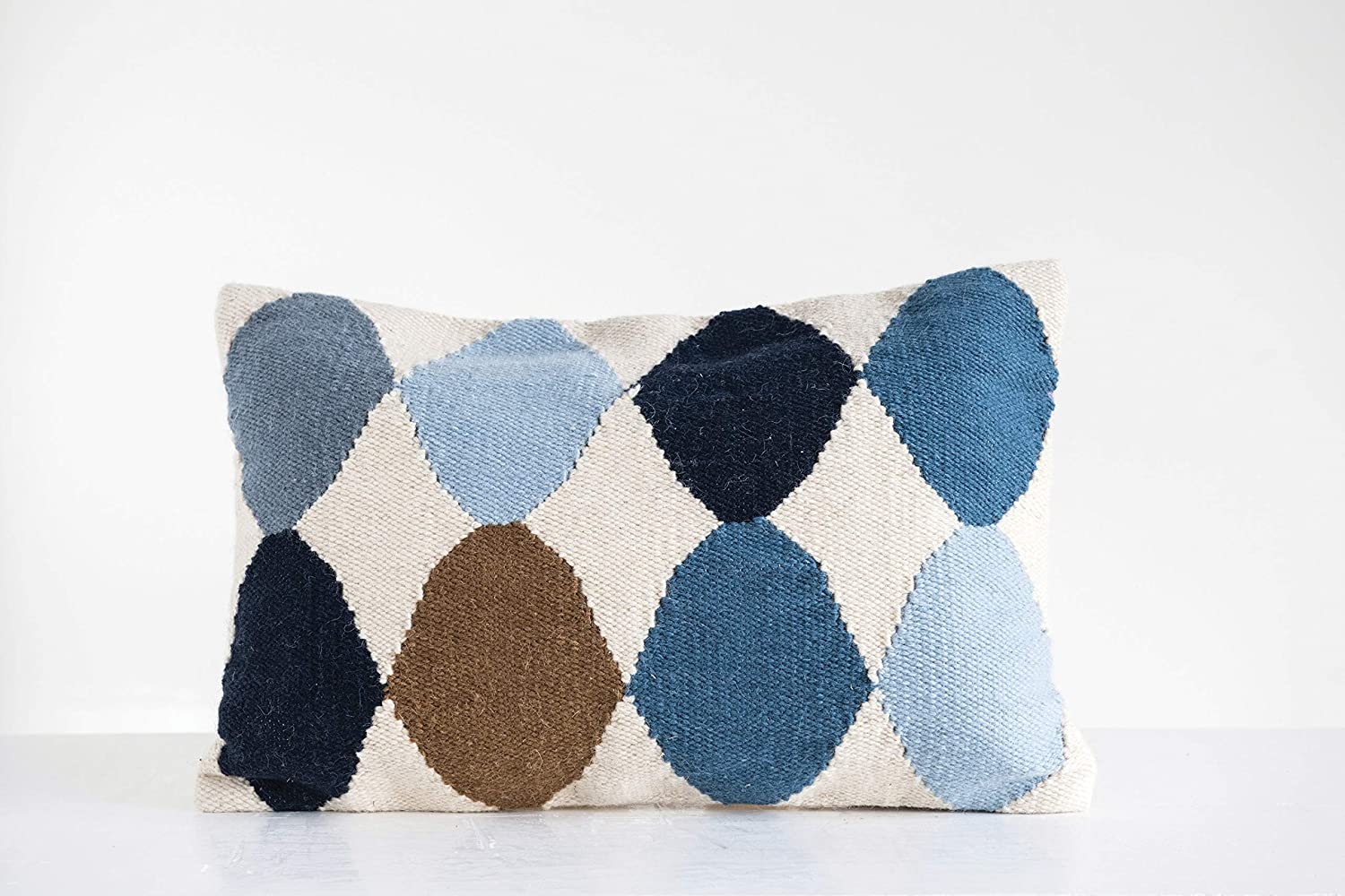Wool Blend Lumbar Pillow with Pattern, Off-White, Blue & Brown, 26" x 16" - Image 2