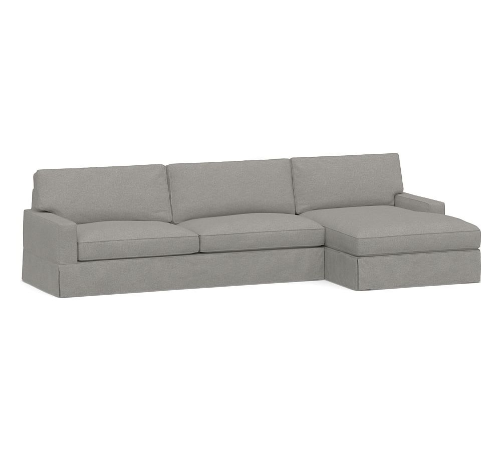 PB Comfort Square Arm Slipcovered Left Arm Sofa with Wide Chaise Sectional, Box Edge, Down Blend Wrapped Cushions, Performance Heathered Basketweave Platinum - Image 0