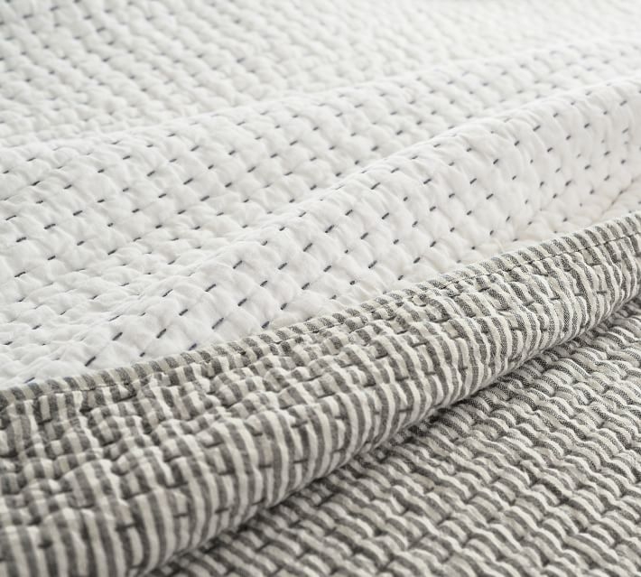 Gray Pickstitch Wheaton Reversible Striped Cotton/Linen Quilt, King/Cal. King - Image 1