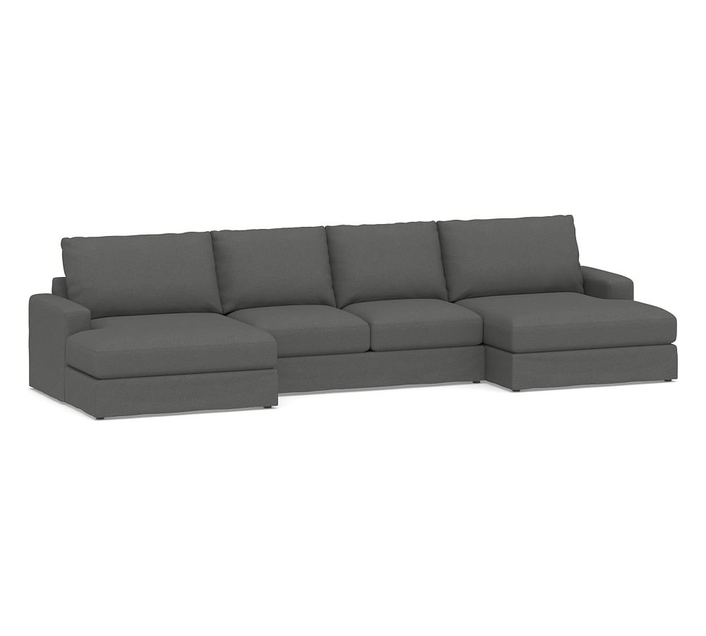Canyon Square Arm Slipcovered U-Double Chaise Loveseat Sectional, Down Blend Wrapped Cushions, Park Weave Charcoal - Image 0