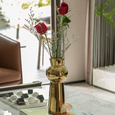 10.5" H Decorative Ceramic Ball Neck Flower Table Vase, Shiny Metallic Gold - Image 0