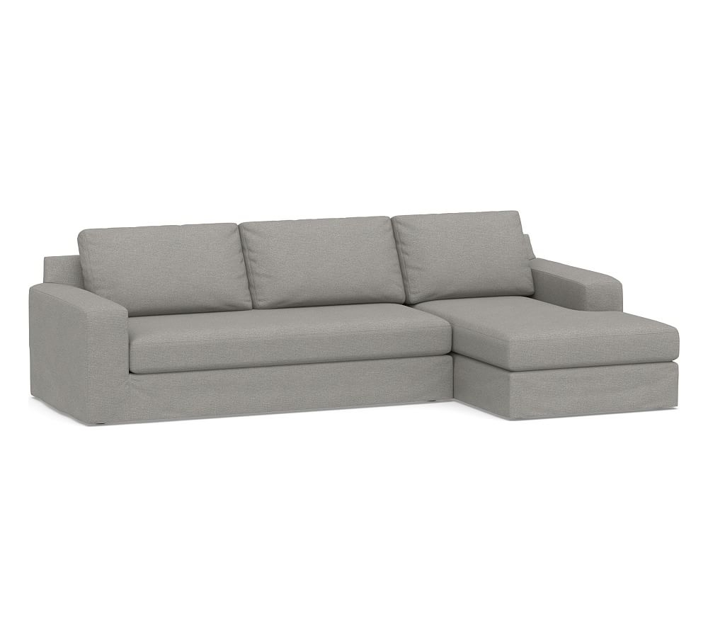 Big Sur Square Arm Slipcovered Left Sofa with Chaise Sectional and Bench Cushion, Down Blend Wrapped Cushions, Performance Heathered Basketweave Platinum - Image 0