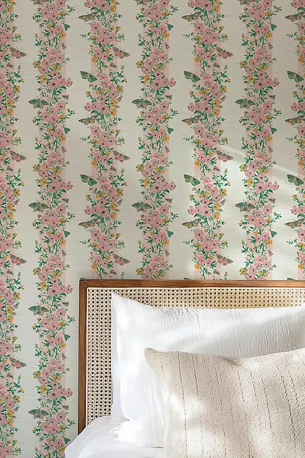 Butterfly Botanical Stripe Grasscloth Wallpaper - Image 0