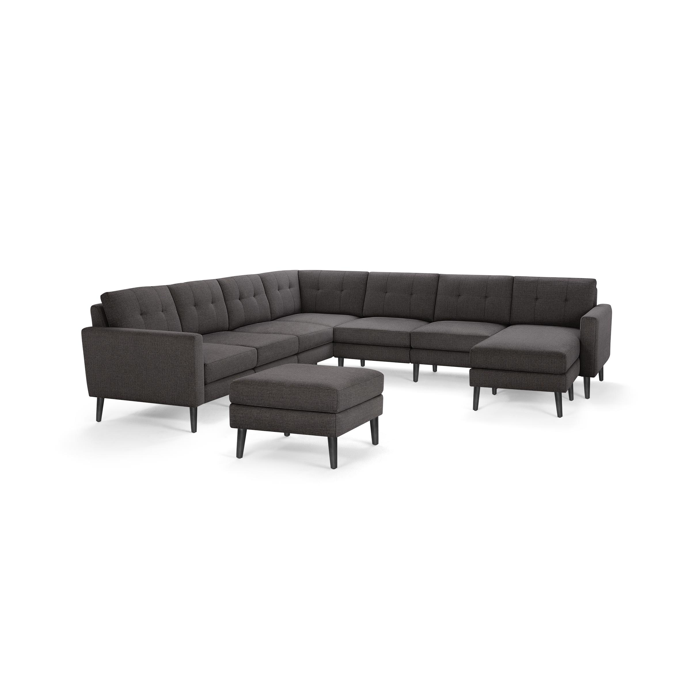 Nomad 7-Seat Corner Sectional with Chaise and Ottoman - Heather Charcoal - Performance Chenille / Ebony - Wood / Block - Image 0