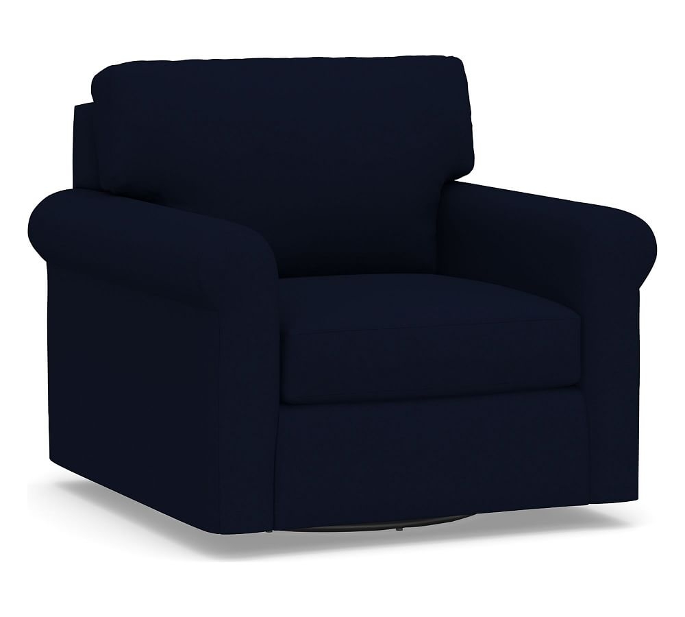 York Roll Arm Upholstered Swivel Armchair, Down Blend Wrapped Cushions, Performance Everydaylinen(TM) Navy - Image 0