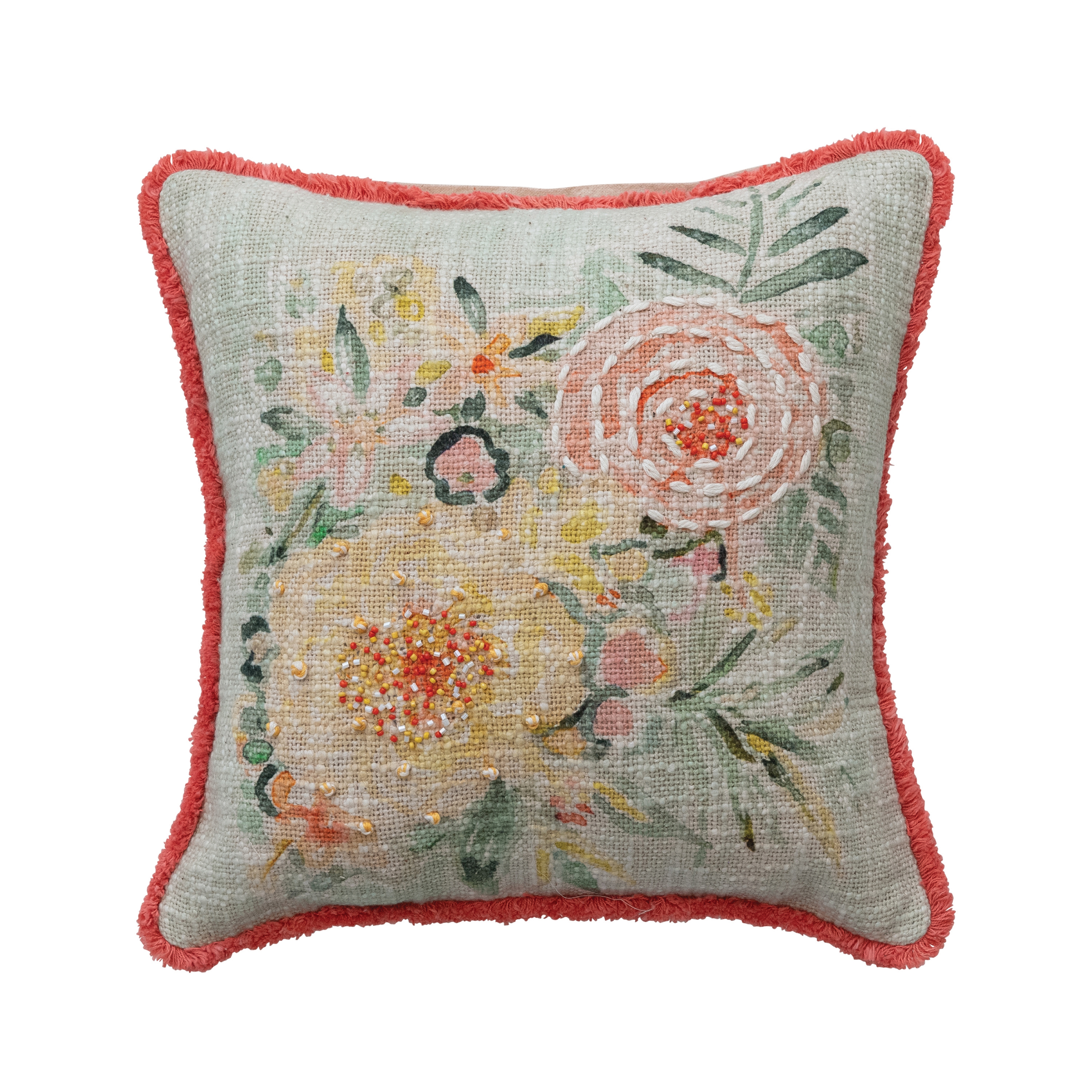 Cotton Slub Pillow with Flowers, Embroidery and Eyelash Fringe, Multi Color - Image 0