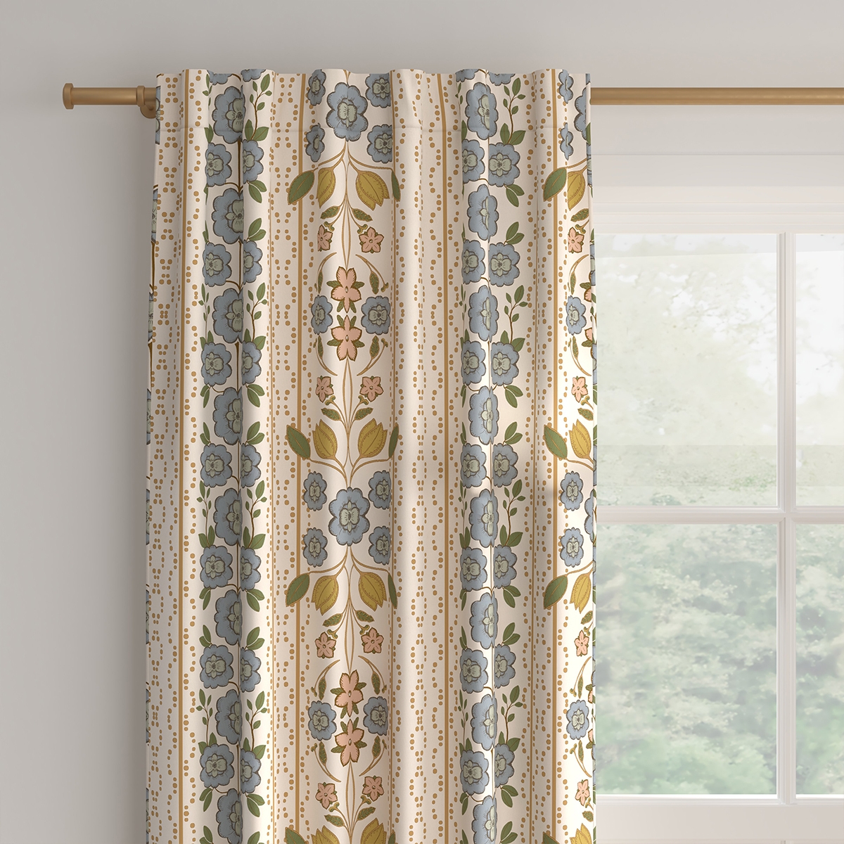Printed Linen Curtain, Colonial Blue Floriline, 50" x 108", Blackout - Image 1
