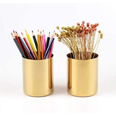 Pencil Cup Holder Desk Organizer, Gold Pen Pot Pen Holder Container Desktop Stationery Organizer Table Vases Flower Pot Makeup Brush Holder,Stainless Steel - Image 0