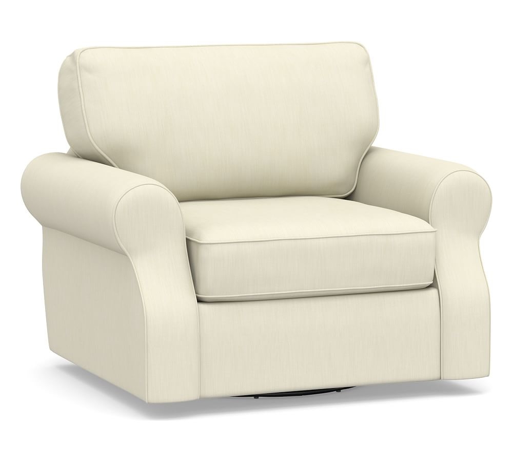 SoMa Fremont Roll Arm Upholstered Swivel Armchair, Polyester Wrapped Cushions, Premium Performance Basketweave Ivory - Image 0