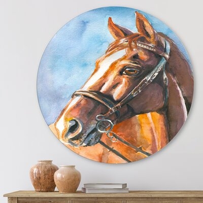 Portrait Of A Brown Horse - Farmhouse Metal Circle Wall Art - Image 0