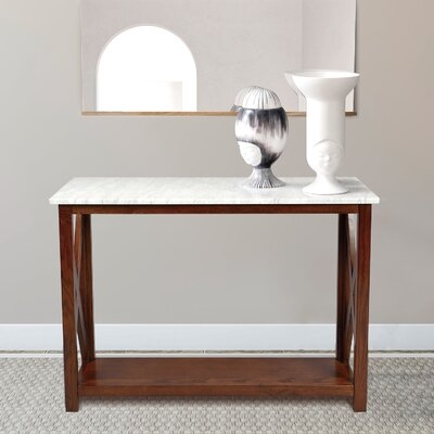 Meith 39" Rectangular Italian Carrara White Marble Console Table With Walnut Color Solid Wood Legs - Image 0