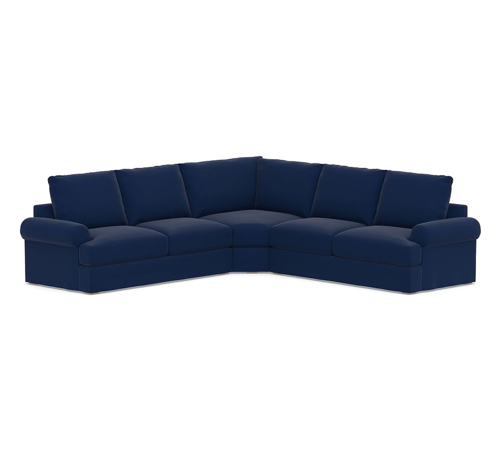 Canyon Roll Arm Slipcovered 3-Piece L-Shaped Wedge Sectional, Down Blend Wrapped Cushions, Performance Everydayvelvet(TM) Navy - Image 0