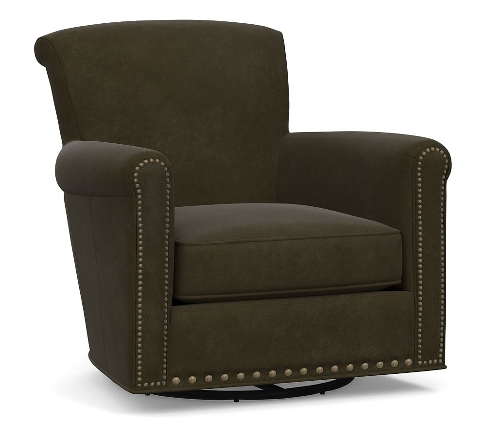 Irving Roll Arm Leather Swivel Glider, Bronze Nailheads, Polyester Wrapped Cushions, Aviator Blackwood - Image 0