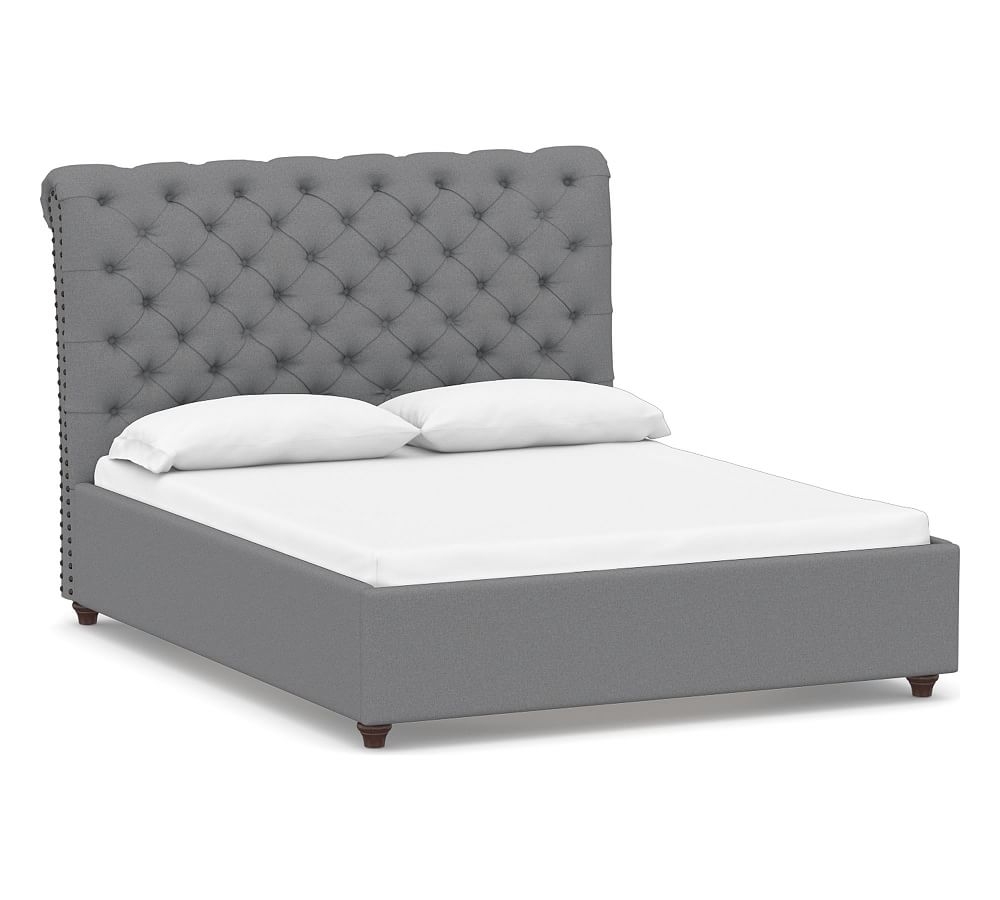 Chesterfield Upholstered Bed, Queen, Textured Twill Light Gray - Image 0