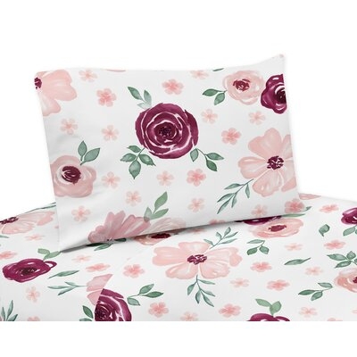 Watercolor Floral Burgundy Wine And Pink Queen Sheet Set By Sweet Jojo Designs - Image 0