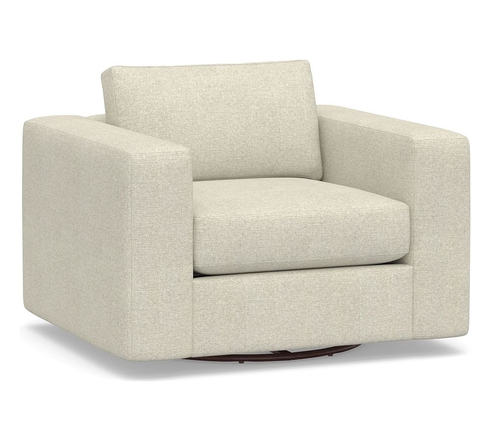Carmel Square Arm Upholstered Swivel Armchair, Down Blend Wrapped Cushions, Performance Heathered Basketweave Alabaster White - Image 0