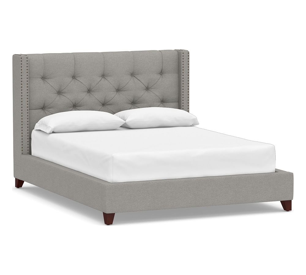 Harper Tufted Upholstered Low Bed with Bronze Nailheads, California King, Performance Heathered Basketweave Platinum - Image 0