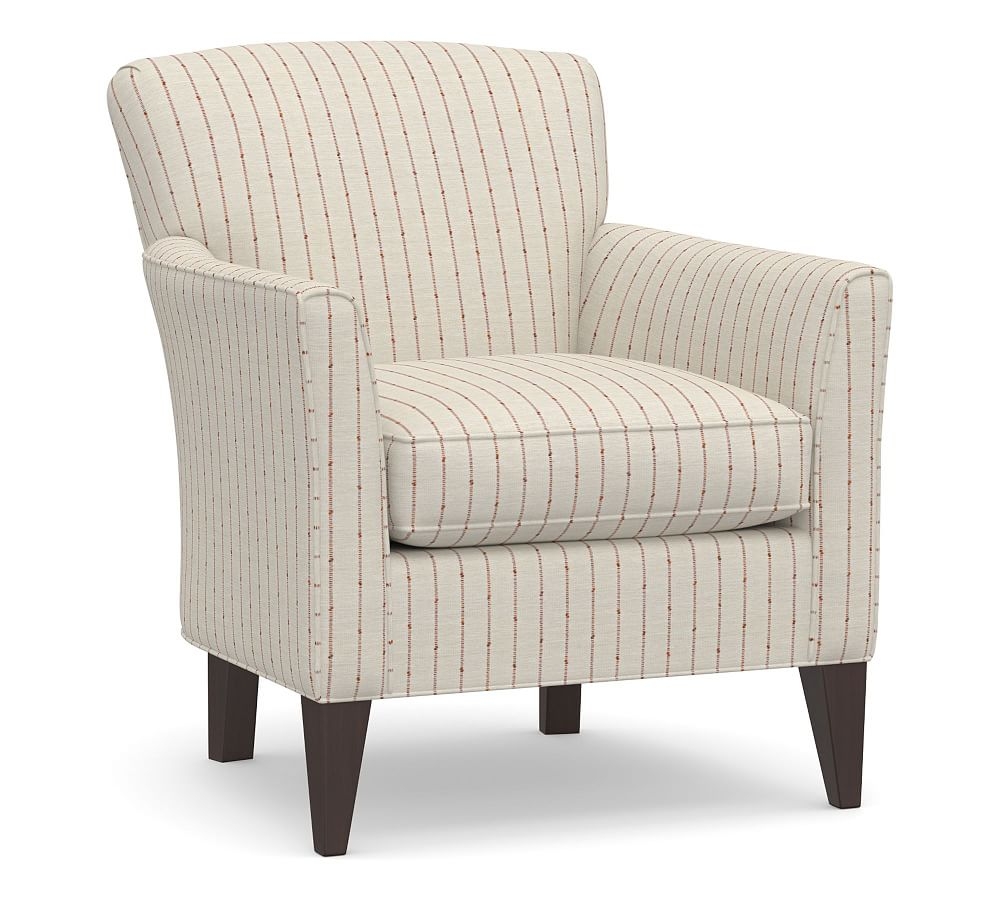 Marcel Upholstered Armchair, Polyester Wrapped Cushions, Slubby Pinstripe Red - Image 0