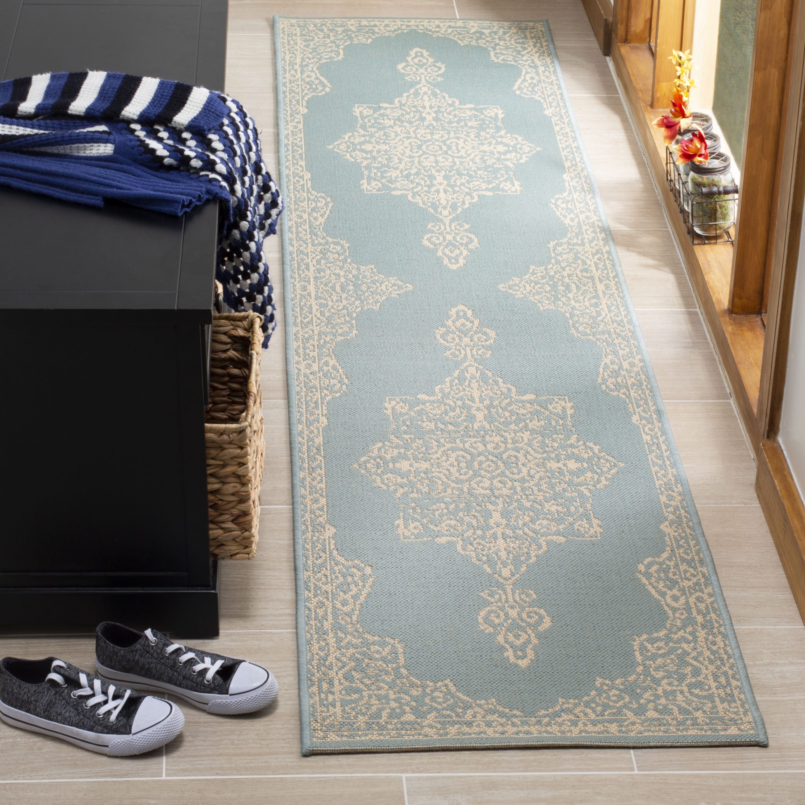 Arlo Home Indoor/Outdoor Woven Area Rug, LND180L, Cream/Aqua,  2' X 8' - Image 1