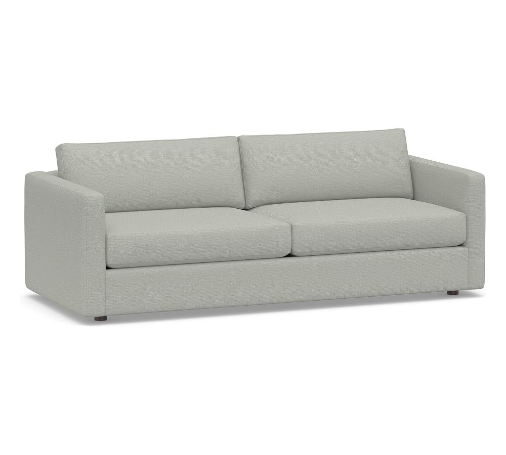 Carmel Slim Square Arm Upholstered Grand Sofa, Down Blend Wrapped Cushions, Chunky Basketweave Light Gray - Image 0