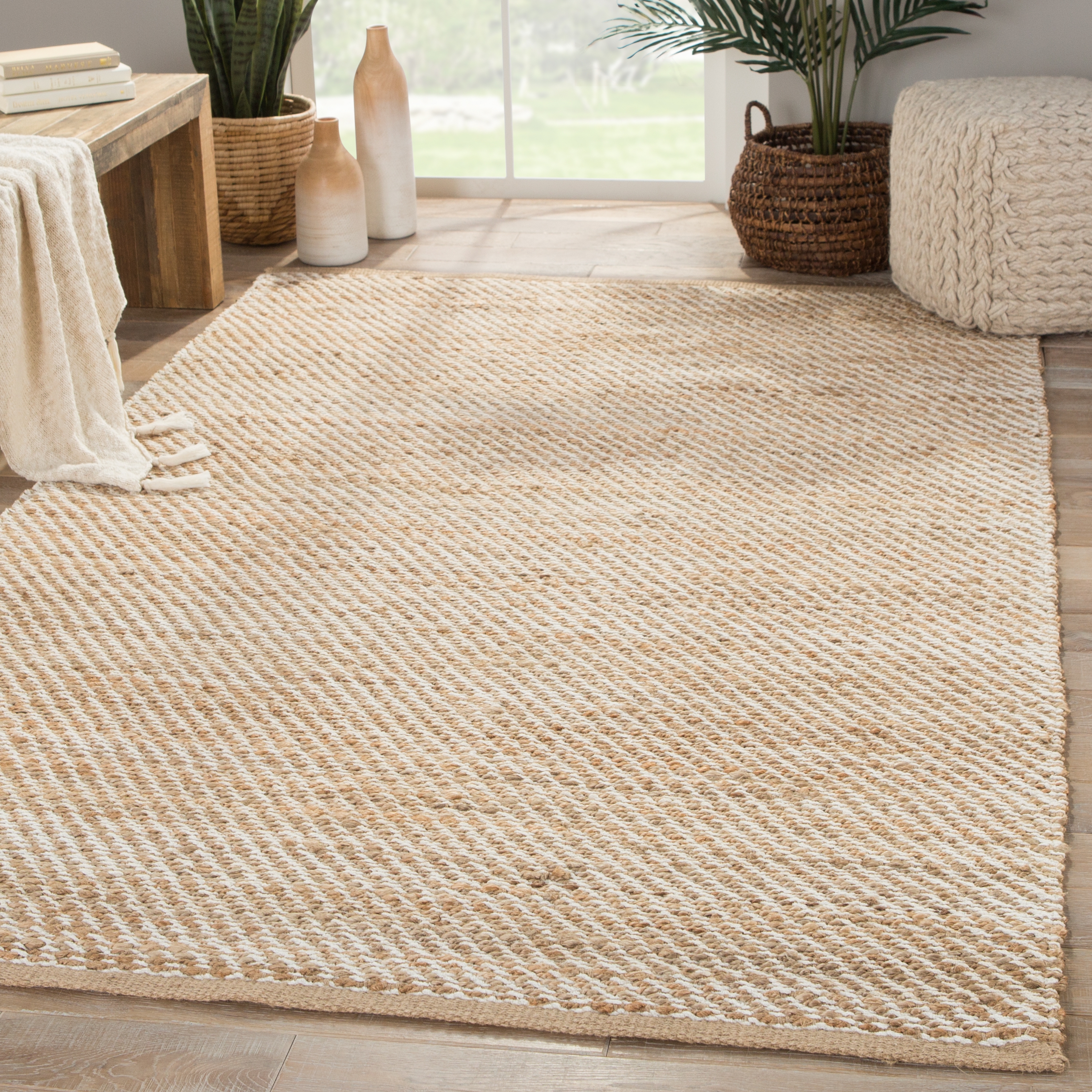 Diagonal Weave Natural Solid Beige/ White Area Rug (8' X 10') - Image 4