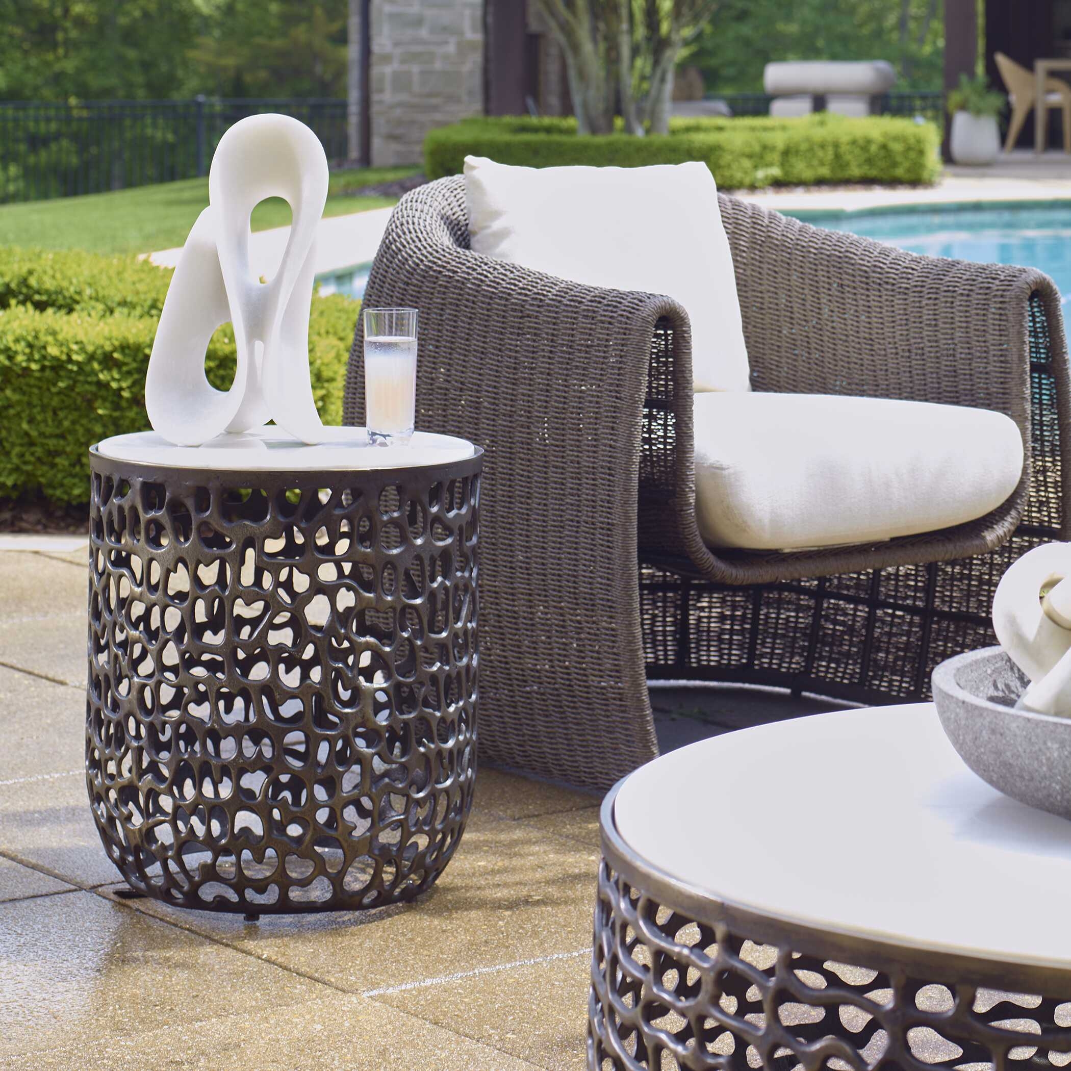 Sabena White Marble Outdoor Side Table - Image 1