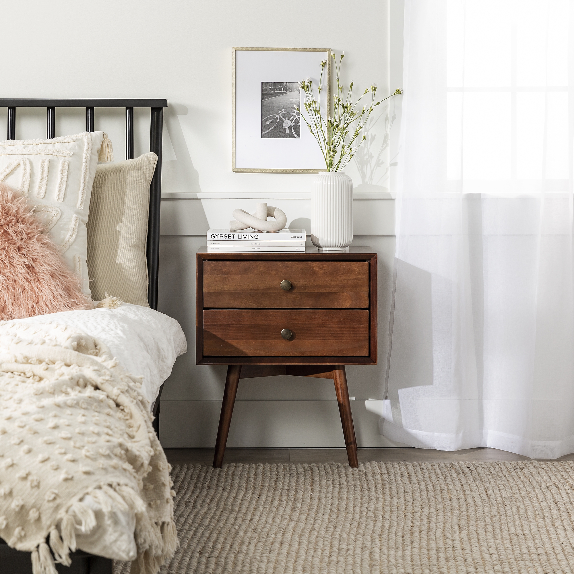 Mid Century 2 Drawer Solid Wood Nightstand - Walnut - Image 0