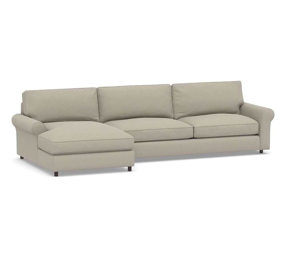 PB Comfort Roll Arm Upholstered Right Arm Sofa with Wide Chaise Sectional, Box Edge Down Blend Wrapped Cushions, Chenille Basketweave Pebble - Image 0
