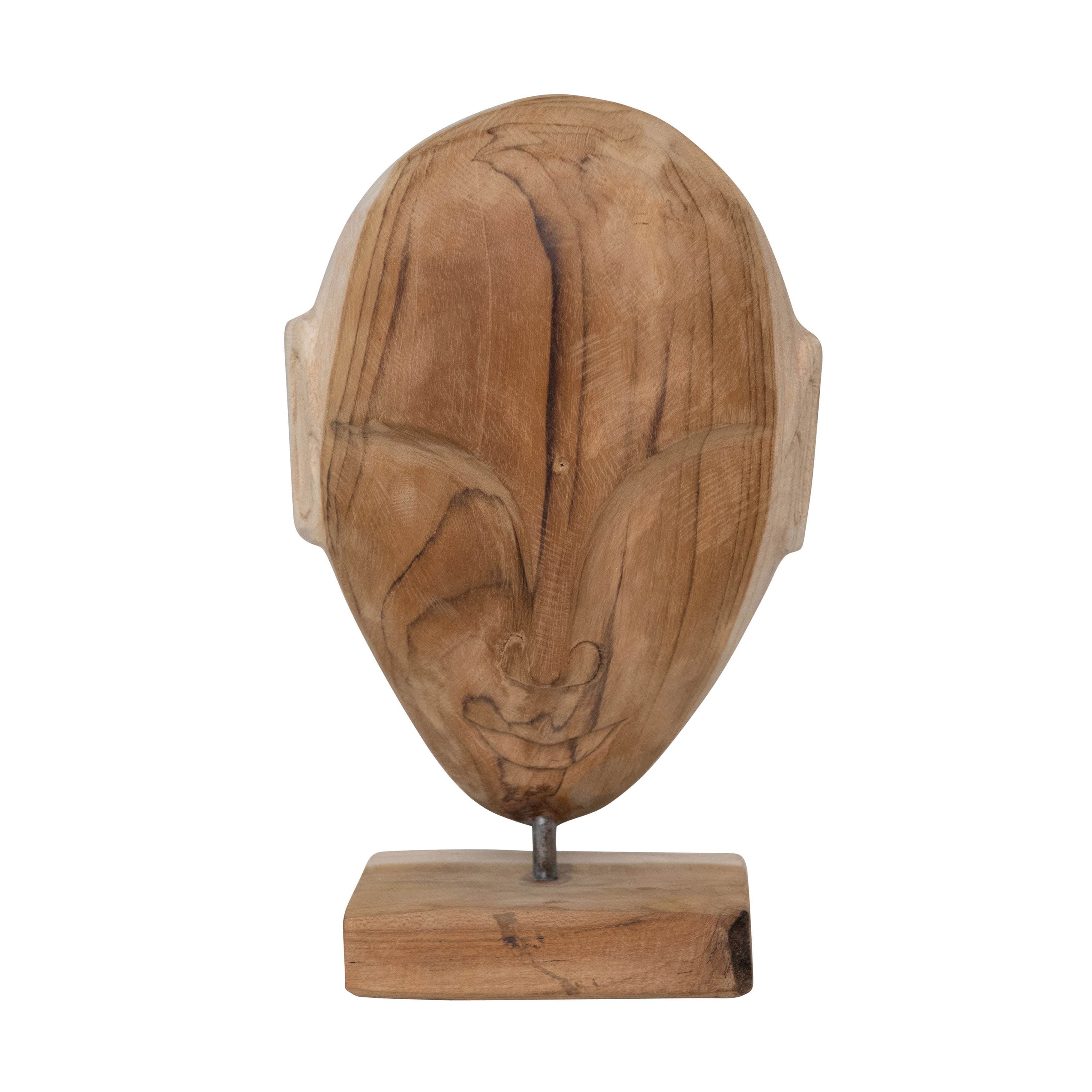  Hand Carved Teakwood Face Sculpture, Natural - Image 0