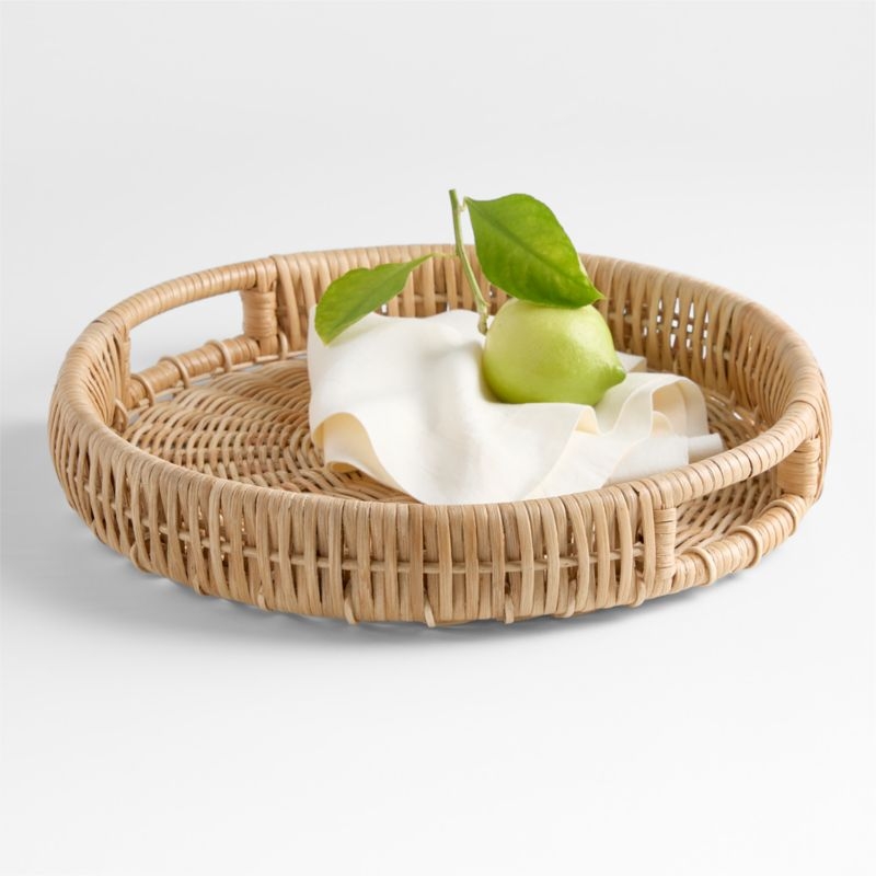 Woven Wicker 15" Round Tray with Handles - Image 1