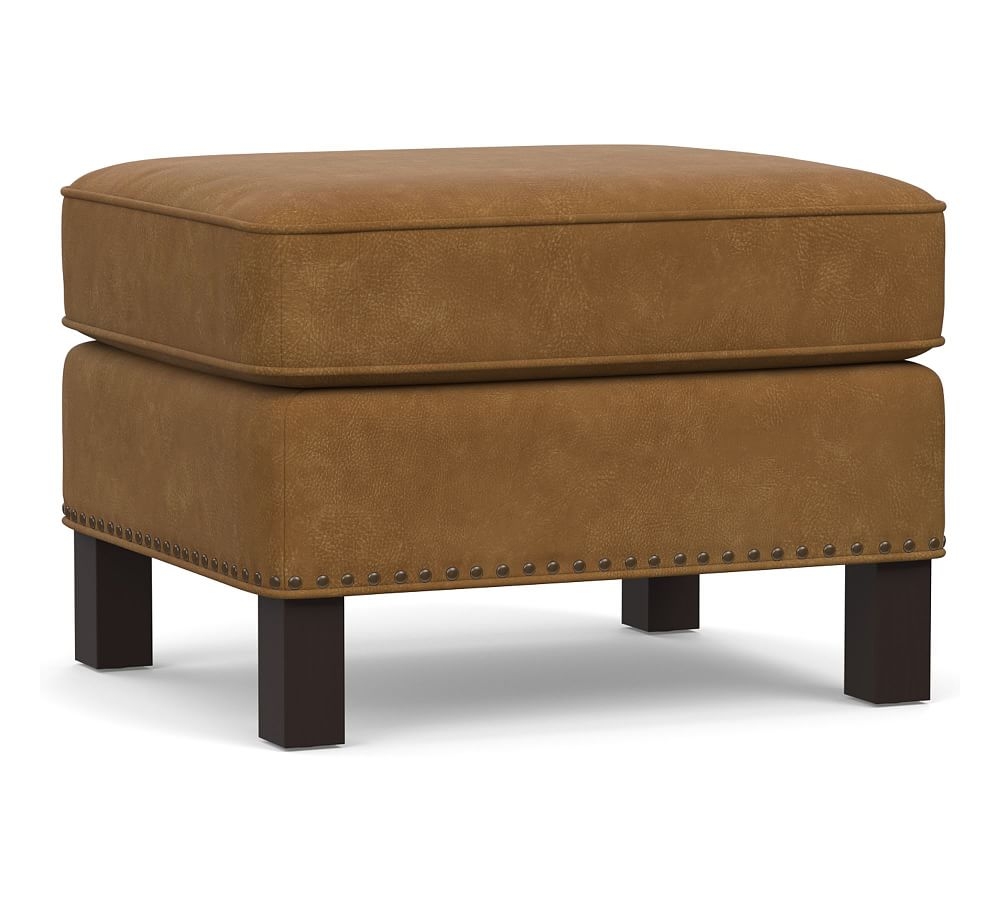 Tyler Leather Ottoman with Nailheads, Polyester Wrapped Cushions, Nubuck Camel - Image 0