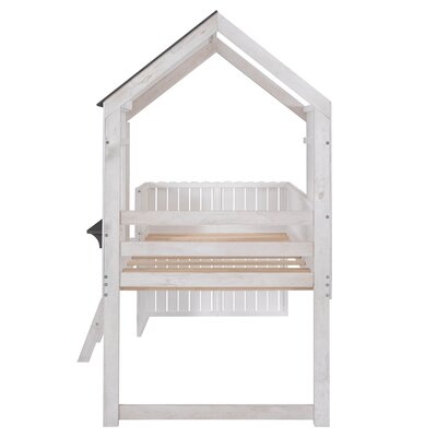Twin House Loft Bed Wood Bed With Roof, Window, Guardrail, Ladder - Image 0