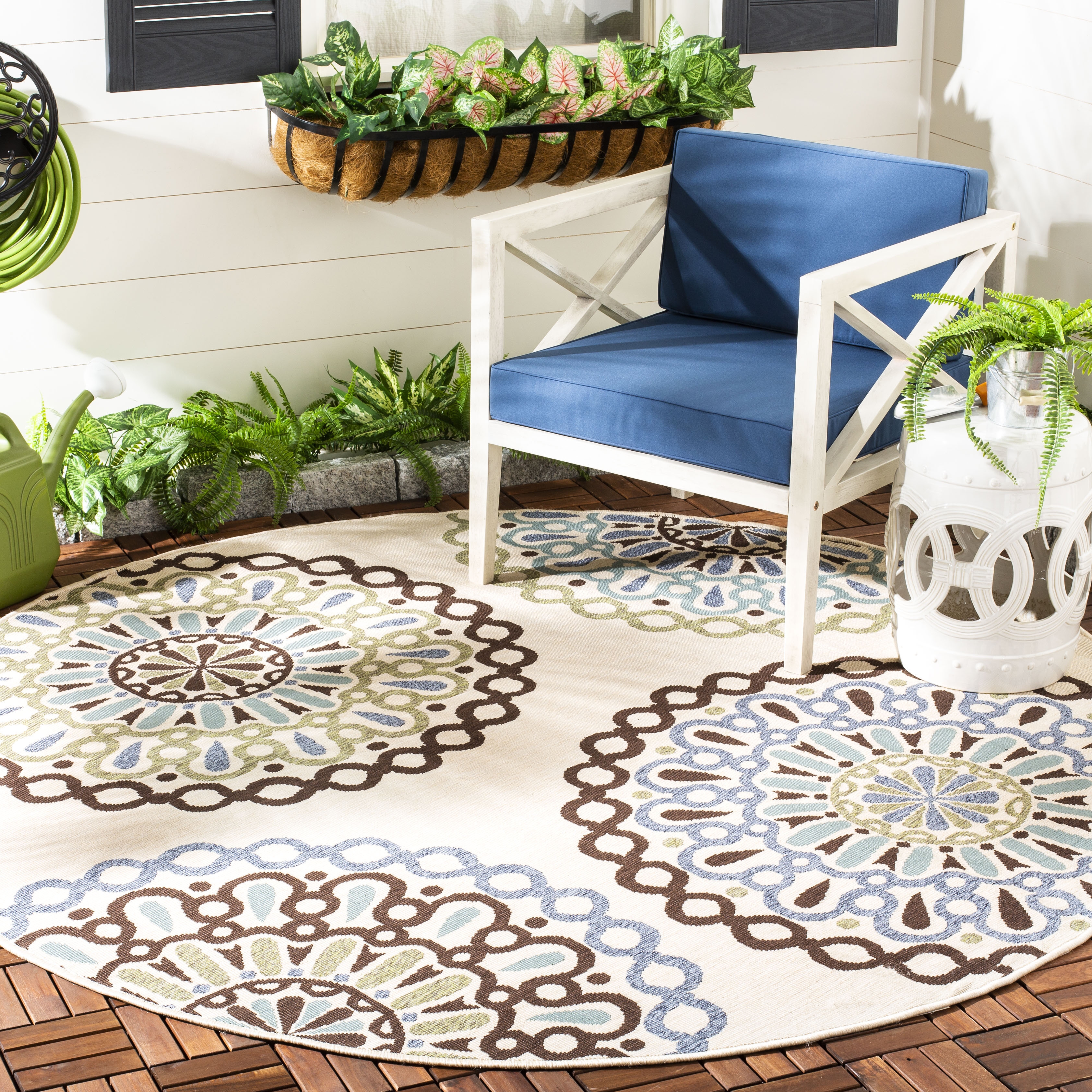 Arlo Home Indoor/Outdoor Woven Area Rug, VER092-0615, Cream/Blue,  6' 7" X 6' 7" Round - Image 1