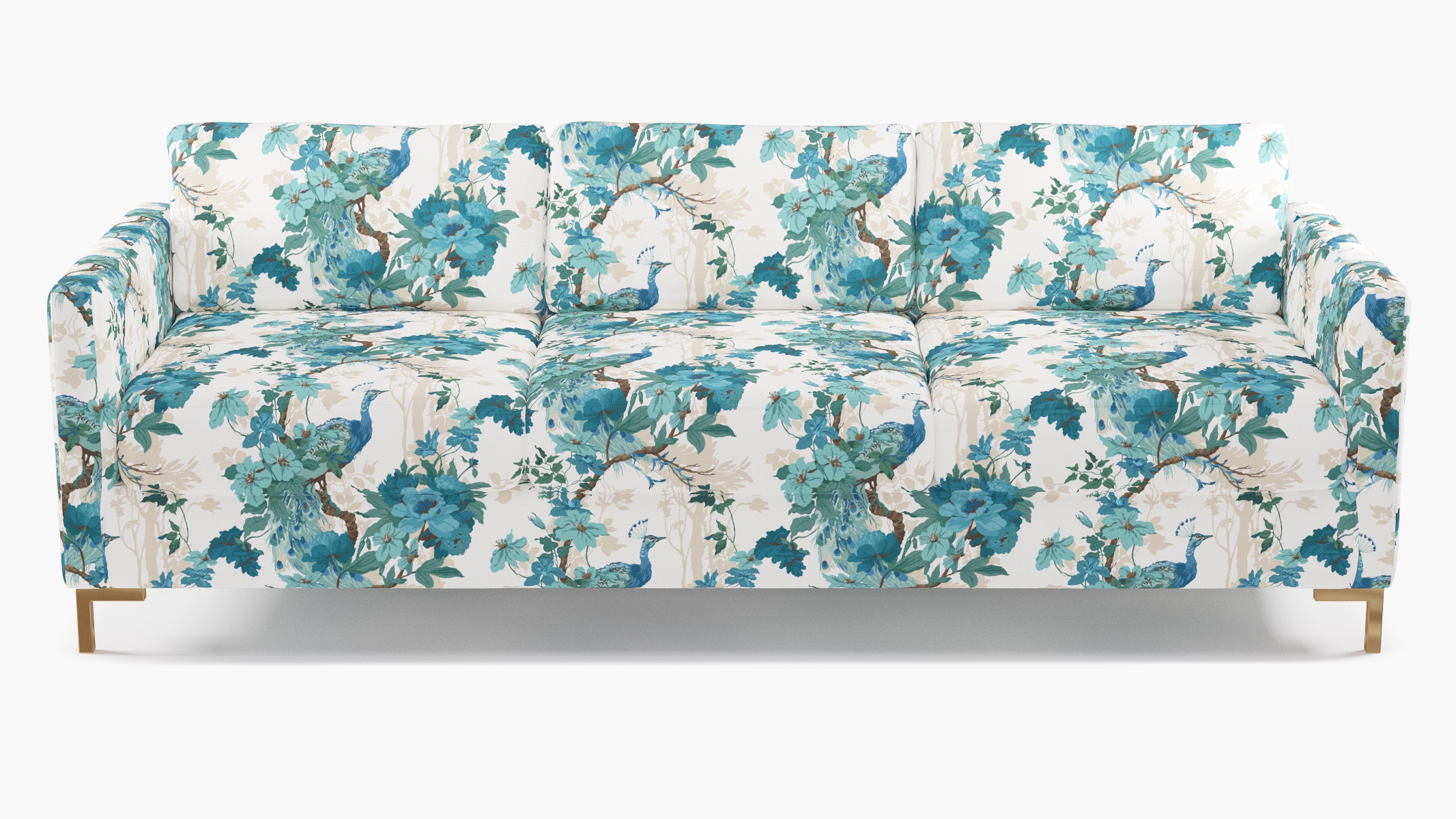 Modern Sofa, Turquoise Peacock Park, Brass L Leg - Image 0