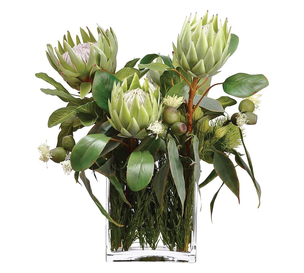Faux Protea, Rosemary & Wolly In Glass Vase - Image 0