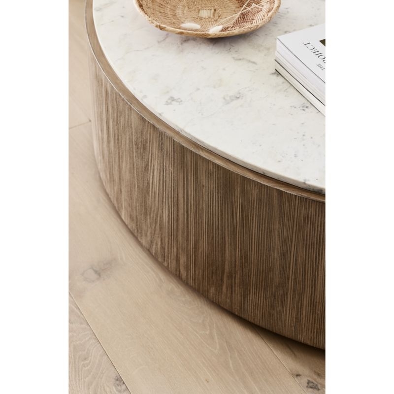 Troupe Marble and Natural Pine Wood 36" Round Coffee Table - Image 1