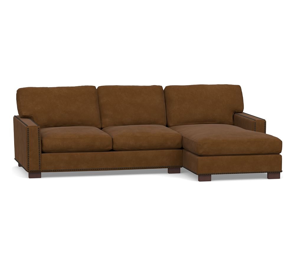 Turner Square Arm Leather Left Arm Sofa with Chaise Sectional with Nailheads, Down Blend Wrapped Cushions, Aviator Umber - Image 0