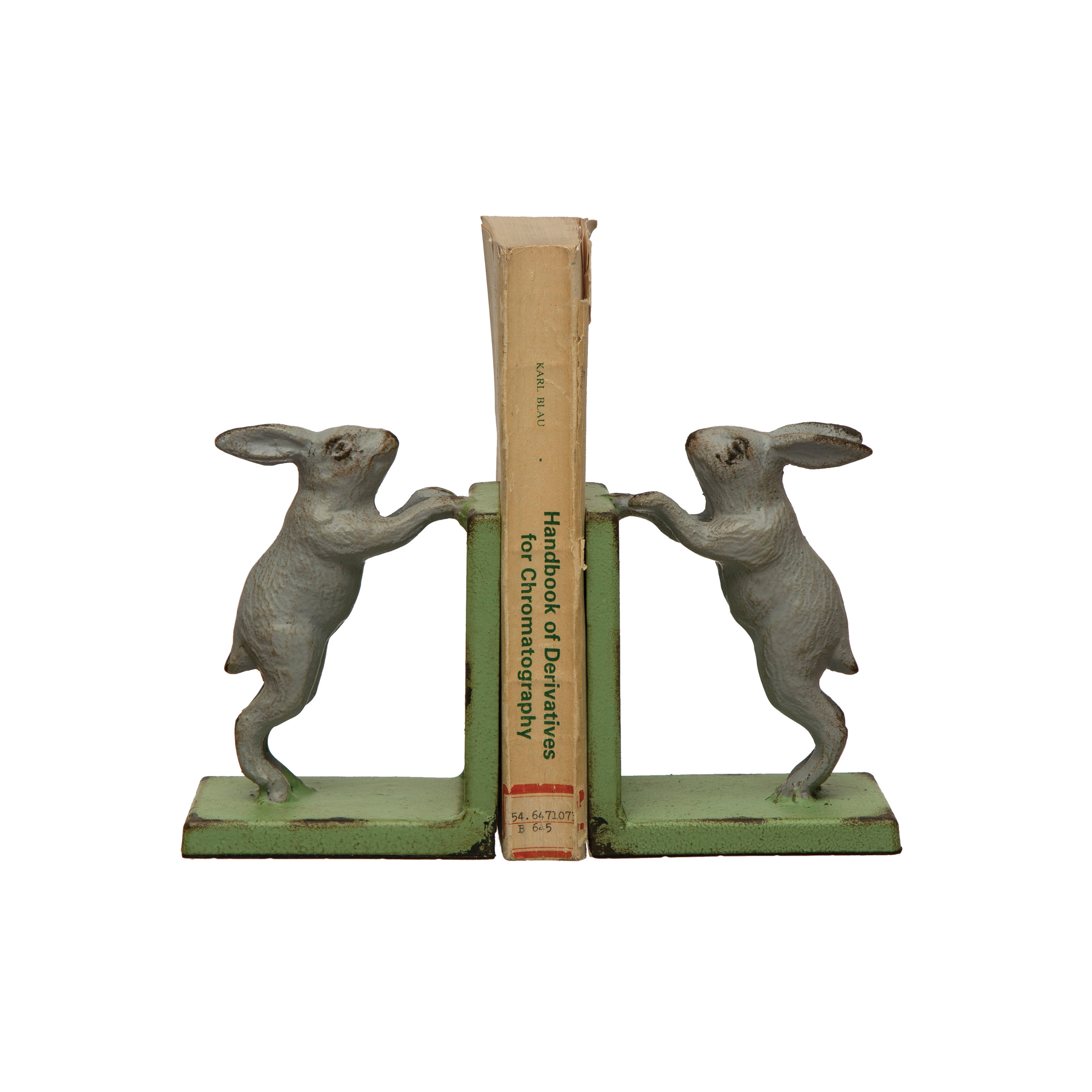 Decorative 2-Tone Cast Metal Rabbit Bookends, Green and Grey, Set of 2 - Image 0