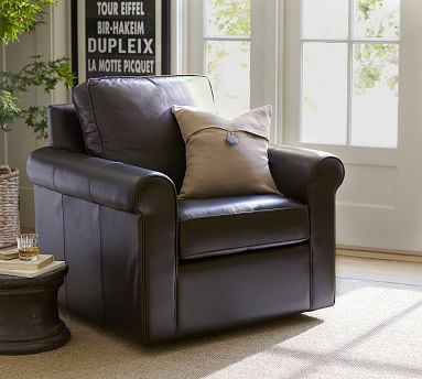 Cameron Roll Arm Leather Swivel Armchair, Polyester Wrapped Cushions, Churchfield Chocolate - Image 1