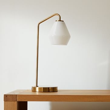 Sculptural Table Lamp Antique Brass Milk Glass Geo (21") - Image 1