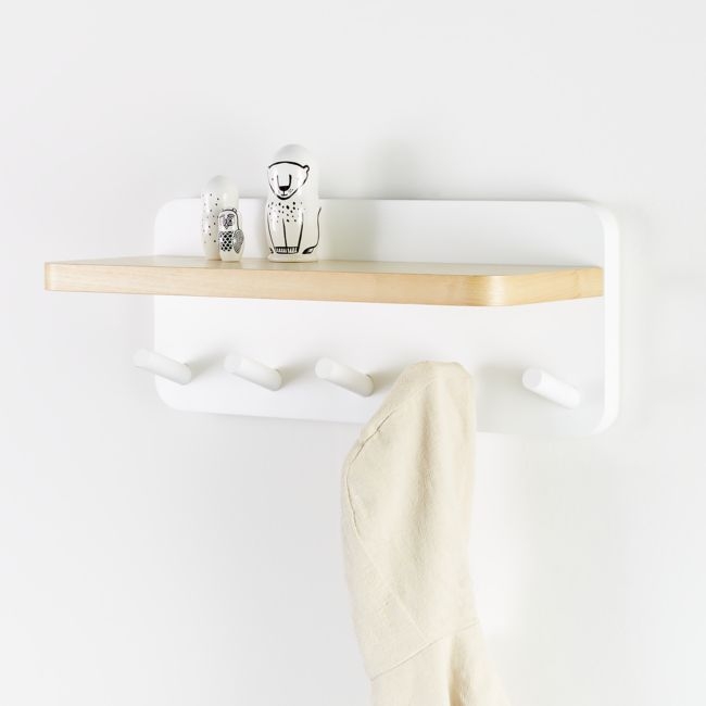 White and Natural Wood Shelf With Hooks - Image 0