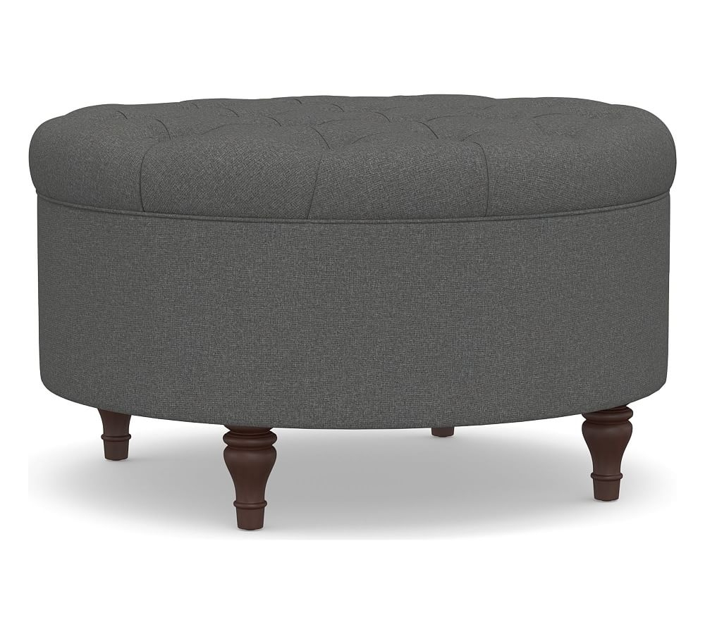 Lorraine Upholstered Tufted Round Storage Ottoman, Park Weave Charcoal - Image 0