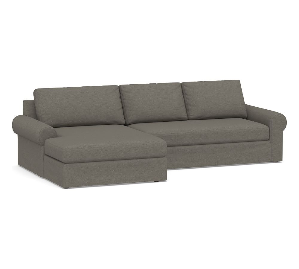 Big Sur Roll Arm Slipcovered Right Arm Loveseat with Double Chaise Sectional and Bench Cushion, Down Blend Wrapped Cushions, Chunky Basketweave Metal - Image 0